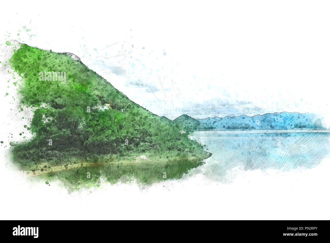 Abstrakte farbenfrohe Berg und Feld Landschaft auf Aquarell illustration Malerei Hintergrund. Stockfoto