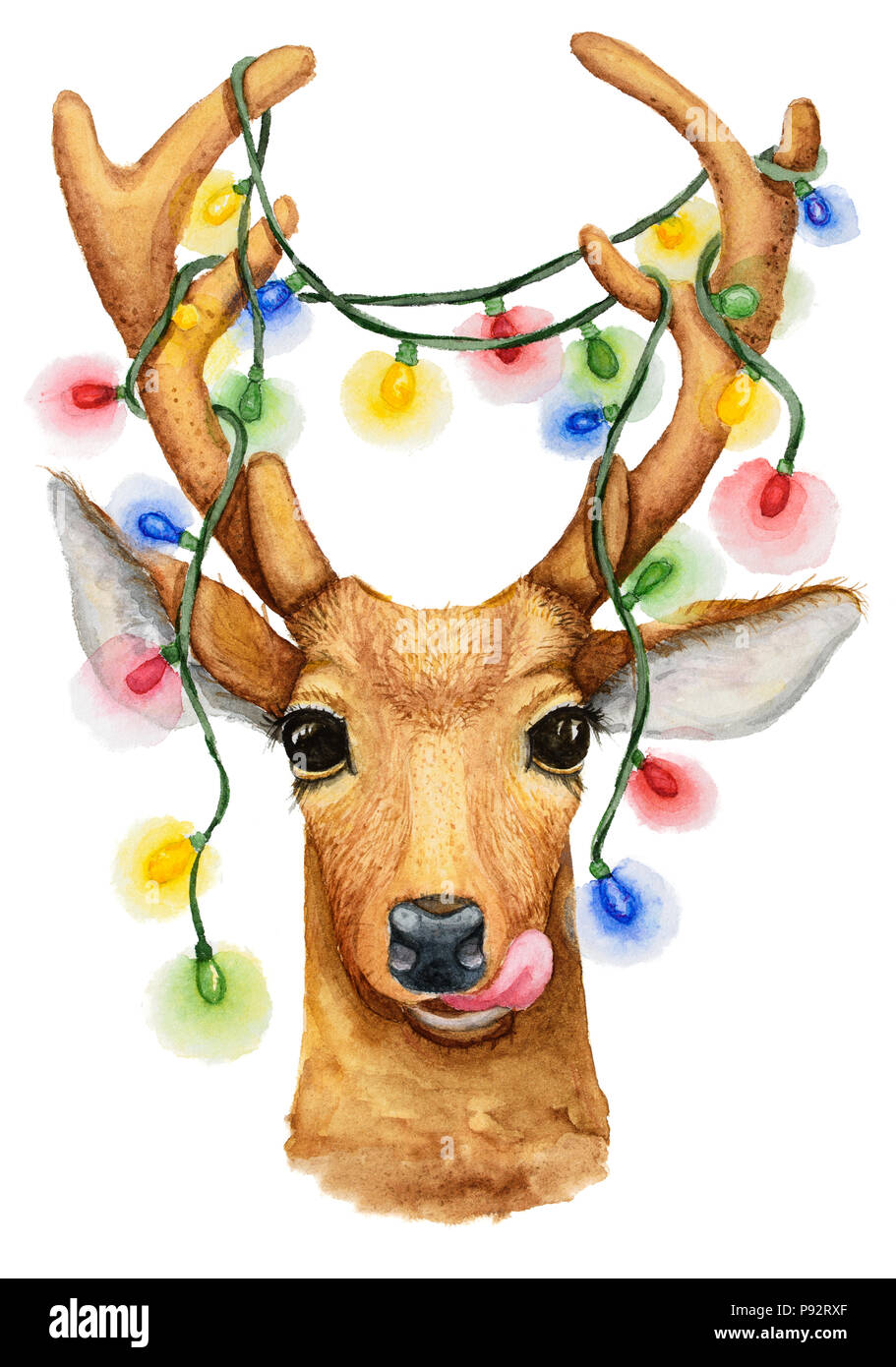Weihnachten Hirsch mit einer Girlande Abbildung. Aquarell Zeichnung isoliert. Stockfoto