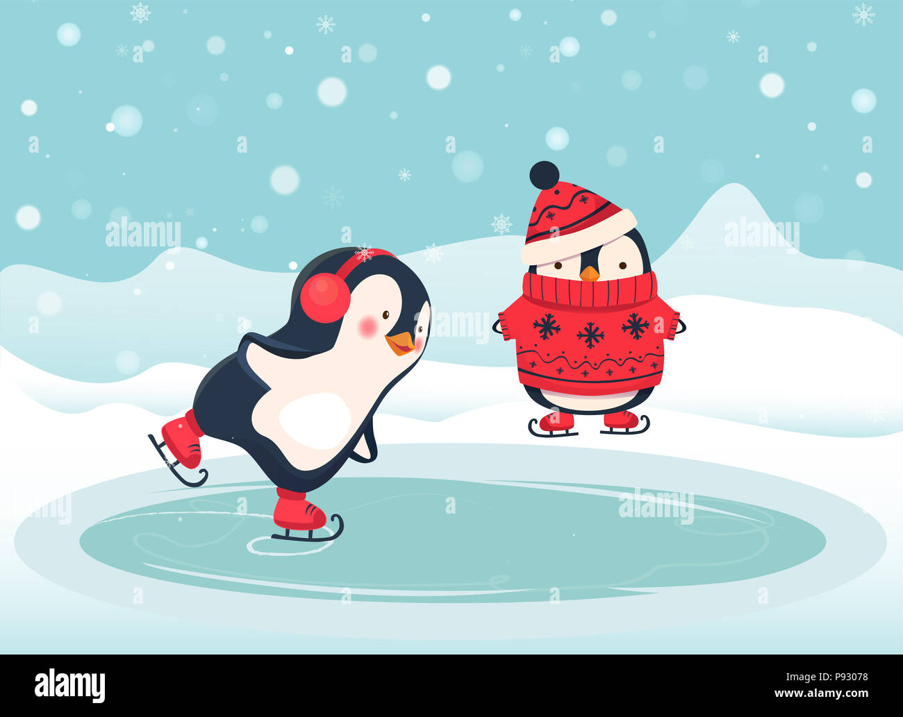 Penguin Ice skater Cartoon. Pinguin isoliert Abbildung Stockfotografie
