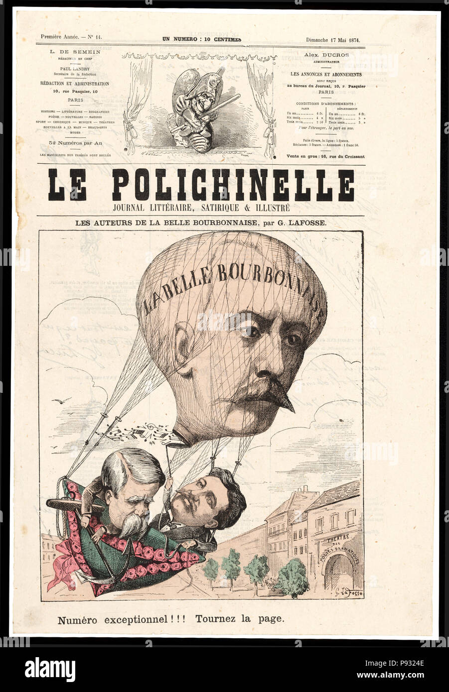 Les auteurs de la Belle Bourbonnaise - Französische Karikatur zeigt zwei Männer in einem ballonkorb wie ein Tri-Ecke hat zu einem Ballon mit dem Gesicht eines Mannes 1874 beigefügte geformt Stockfoto