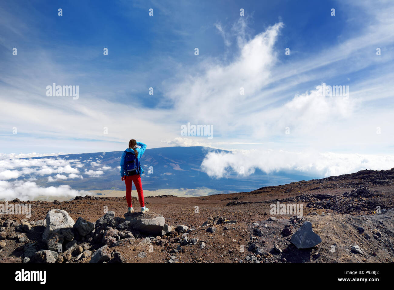 Touristen bewundern Sie die atemberaubende Aussicht auf Mauna Loa Vulkan auf der grossen Insel von Hawaii. Der größte Vulkan subaerial in beiden Masse und Volumen, Mauna Loa Stockfoto