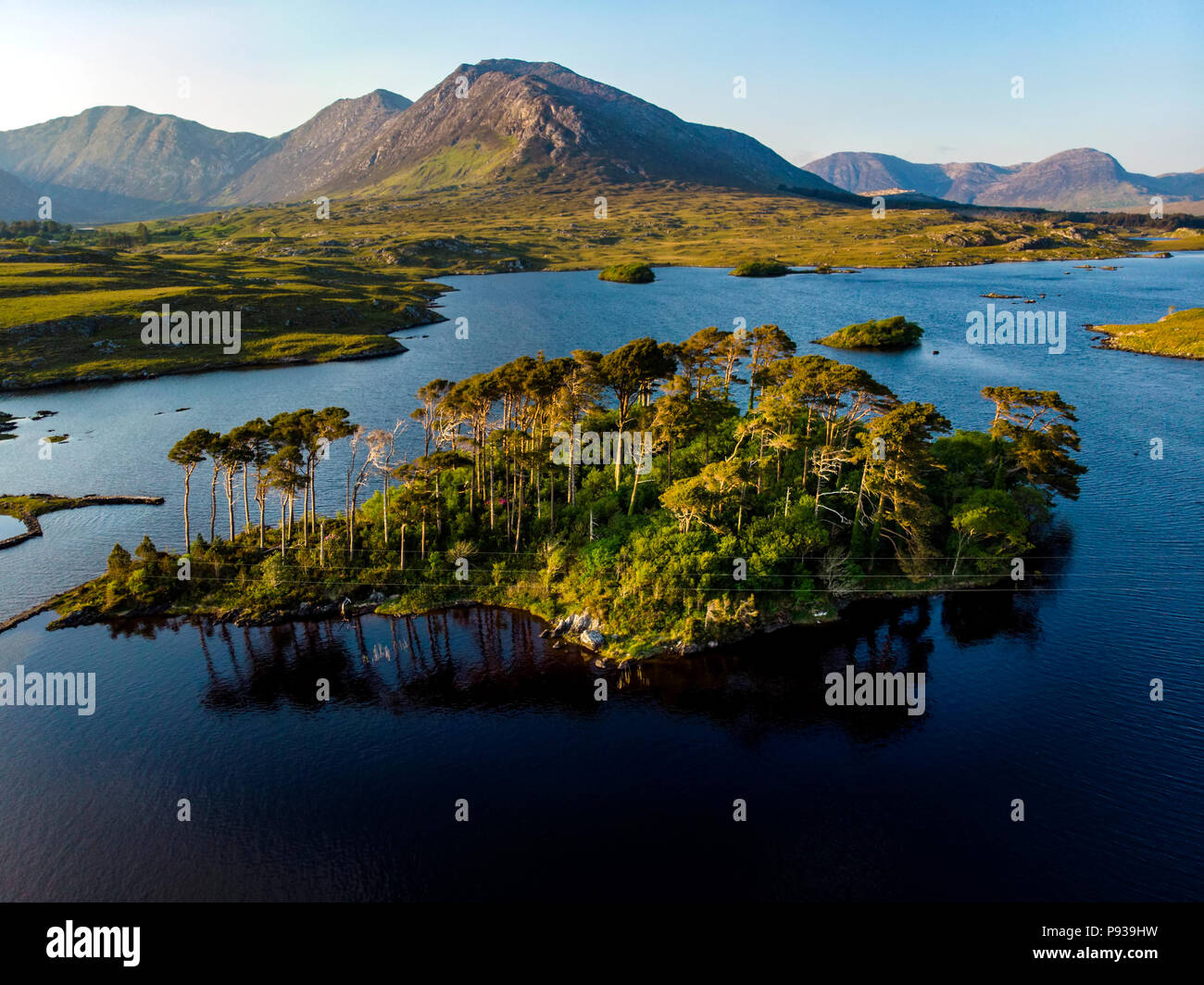 Zwölf Kiefern Insel, auf einem wunderschönen Hintergrund durch die scharfen Gipfel einer Bergkette namens zwölf Pins oder Twelve Bens, Connemara gebildet, Cou Stockfoto