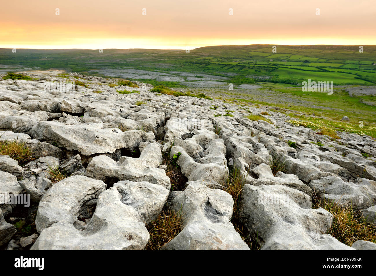 Spektakuläre Landschaft der Region Burren, County Clare, Irland. Freiliegende karst Kalkstein Grundgestein am Burren National Park. Raue irische Natur. Stockfoto