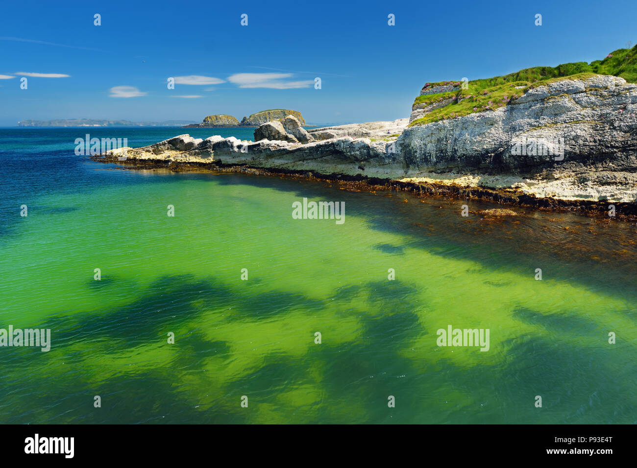 Lebendige, smaragdgrüne Wasser bei ballintoy Hafen entlang der Causeway Coast in der Grafschaft Antrim. Zerklüftete Küstenlandschaft von Nordirland. Stockfoto