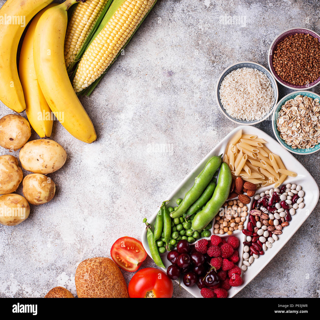 Gesunde produkte Quellen für Kohlenhydrate. Stockfoto