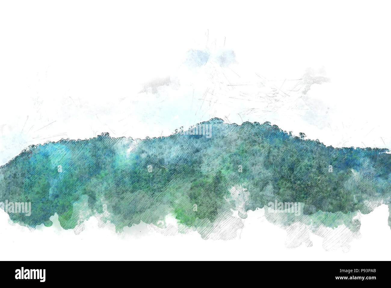 Abstrakte schöne Berg Hügel auf Aquarell Hintergrund und digitales Bild Konvertieren von Art. Stockfoto