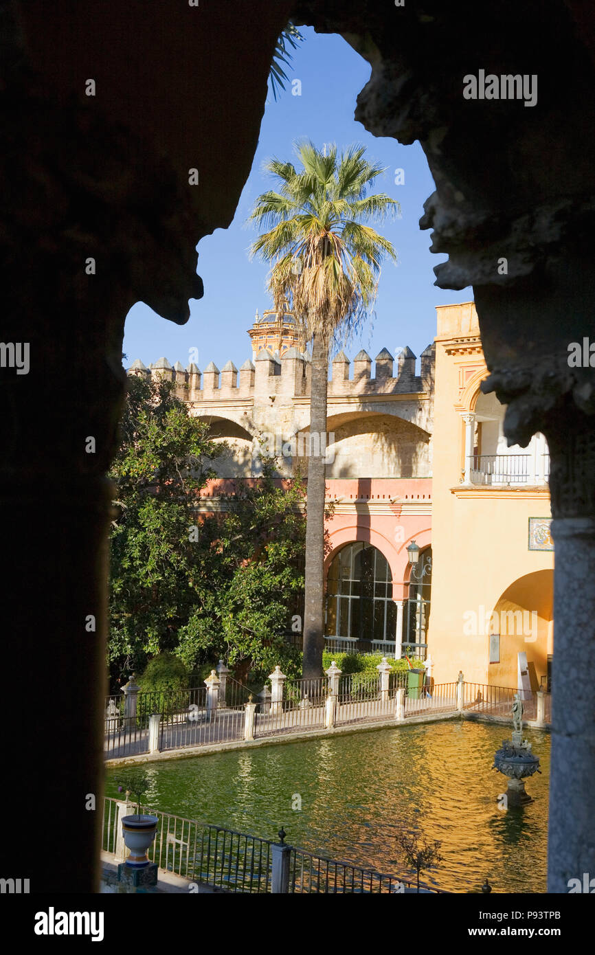 Estanque de Mercurio (Merkur) und Jardín de las Danzas, von den Almohaden Mauer und Galeria del Grutesco, Real Alcázar Gärten, Sevilla, Spanien Stockfoto