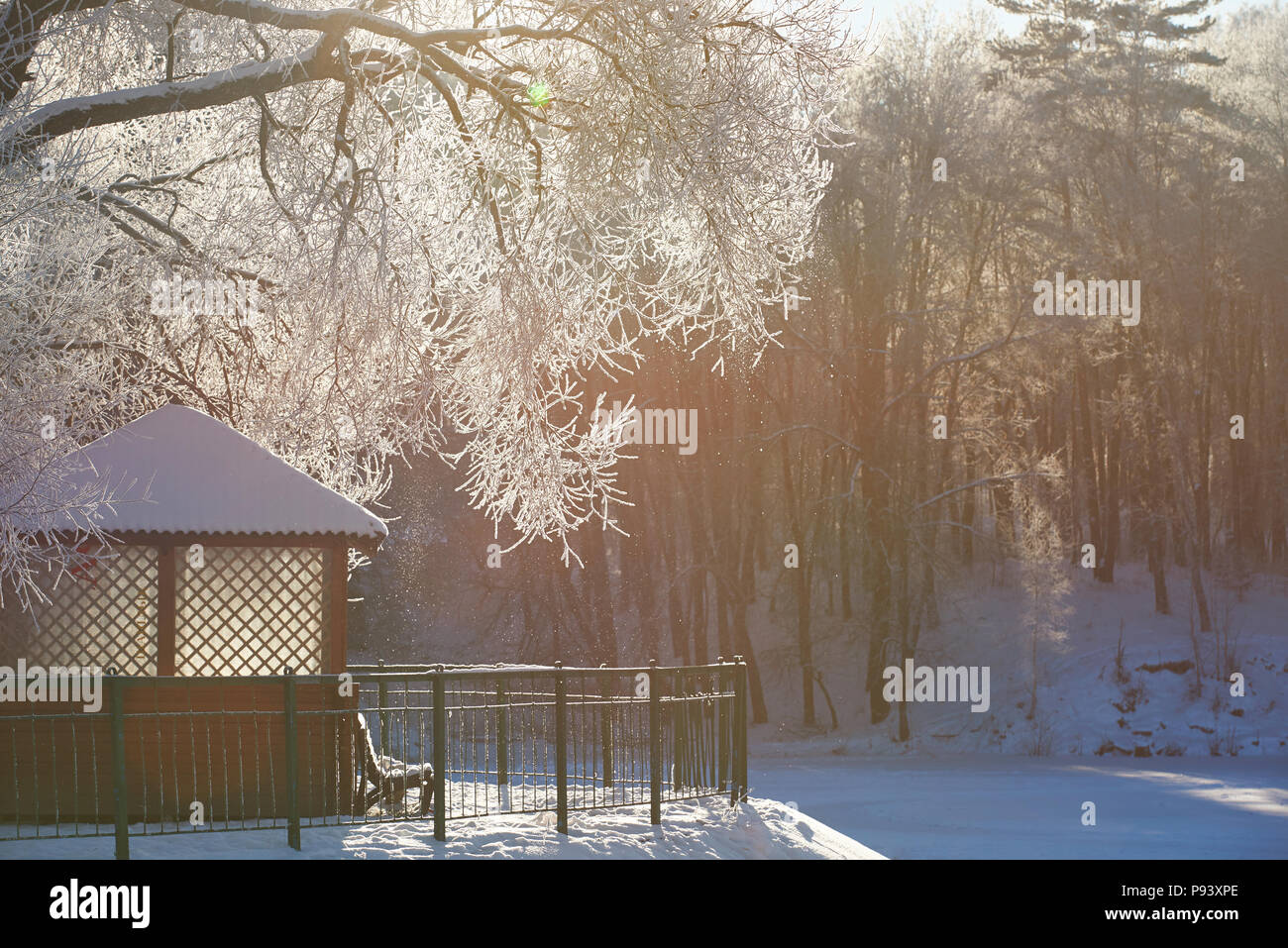 Kleines Haus und Sitzbank im Winter Garten. Kalte eisige Winter Hintergrund Stockfoto