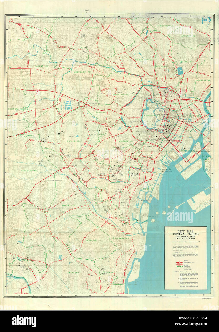 Stadtplan Zentrum von Tokyo 1946 Stockfoto