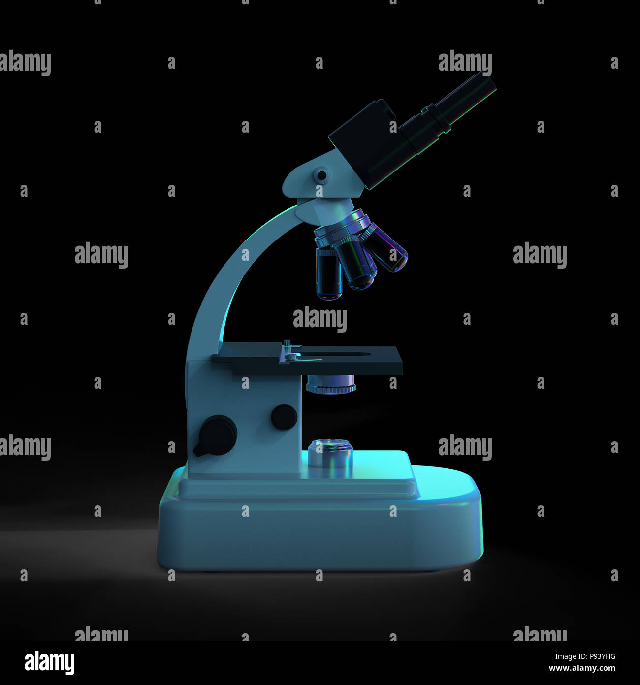 3D-rendering Mikroskop oder optisches Instrument auf schwarzem Hintergrund Stockfoto