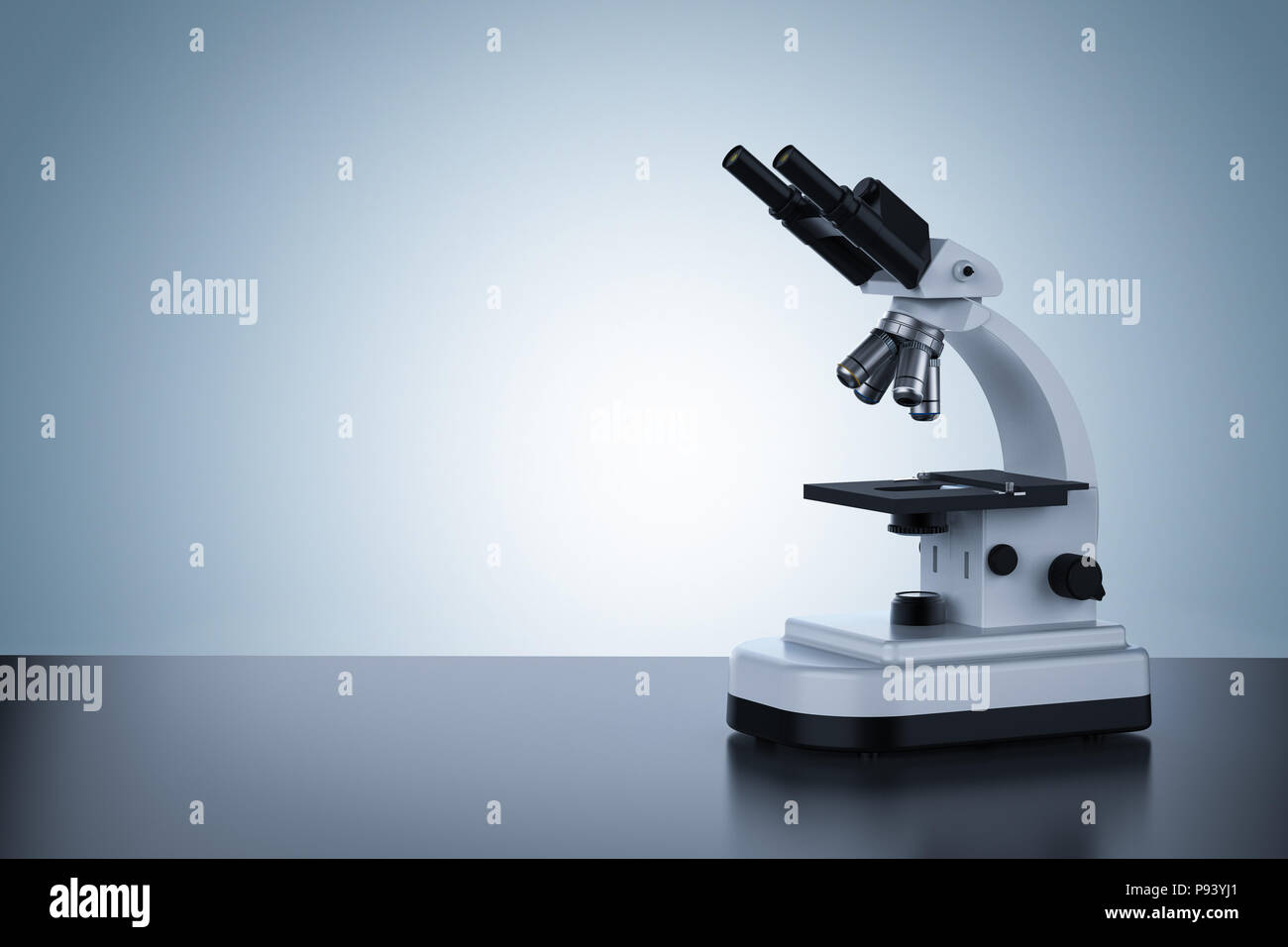 3D-rendering Mikroskop oder optisches Instrument auf blauem Hintergrund Stockfoto