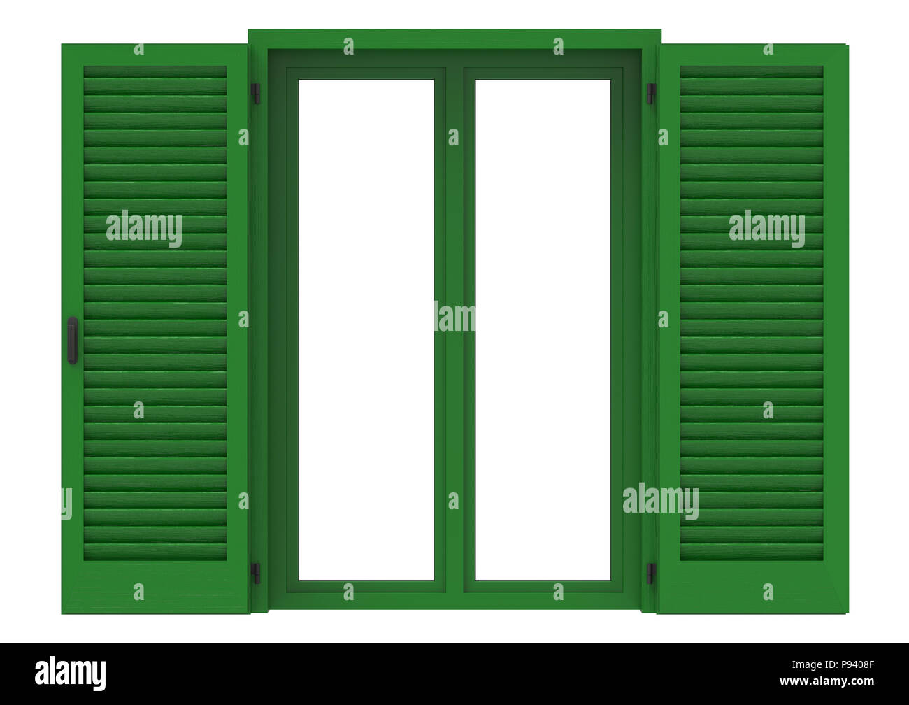 Fenster öffnen mit grünen venezianischen Fensterläden, Nahaufnahme Vorderansicht, 3D-Rendering. Stockfoto