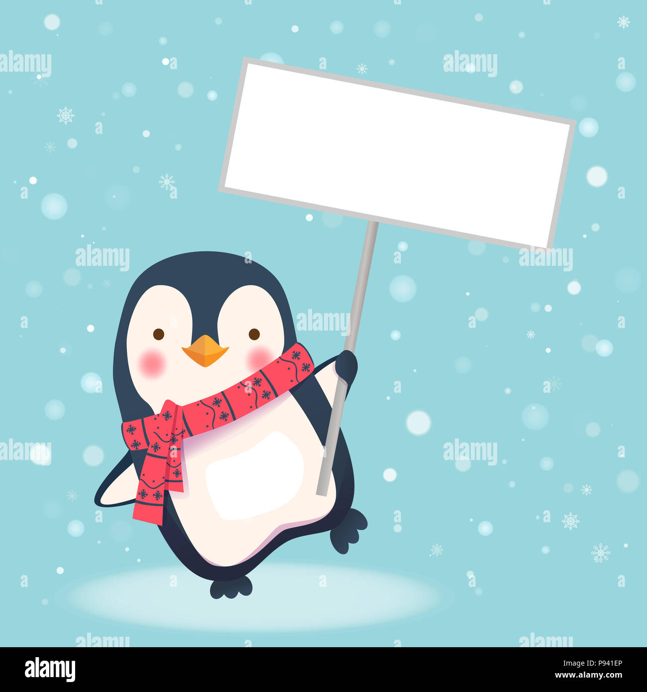 Cute penguin mit Schal Holding leer Zeichen. Penguin Cartoon Illustration. Stockfoto