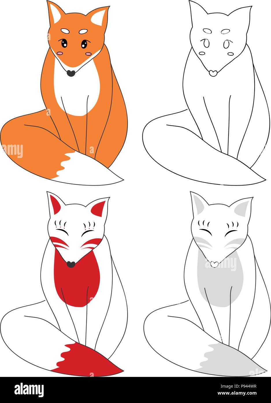 Cute Rot Fox und Kitsune. Vector Illustration. auf weißem Hintergrund. Stock Vektor