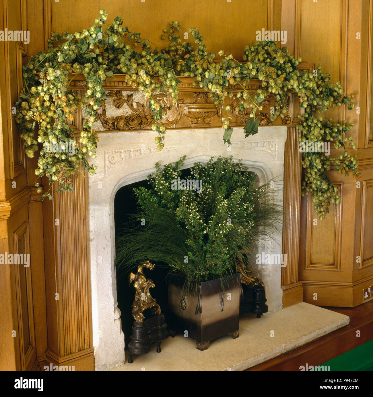 In der Nähe von frischem Hopfen girlande am Kamin mit Laub im Topf in Hearth Stockfoto