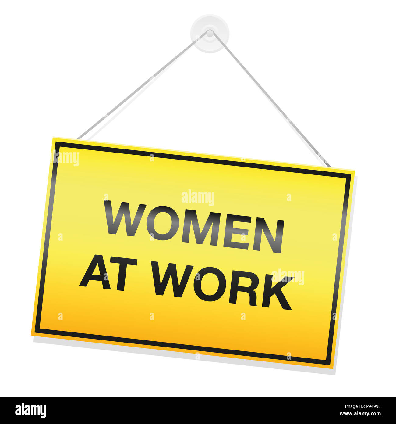 Frauen bei der Arbeit anmelden, gelb Warnung Metallplatte - Abbildung auf weißem Hintergrund. Stockfoto