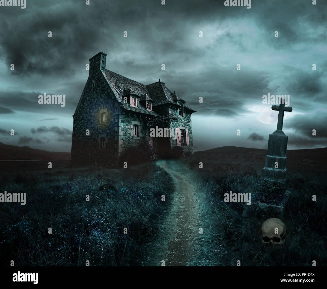 Halloween-Hintergrund mit alten Haus Stockfoto