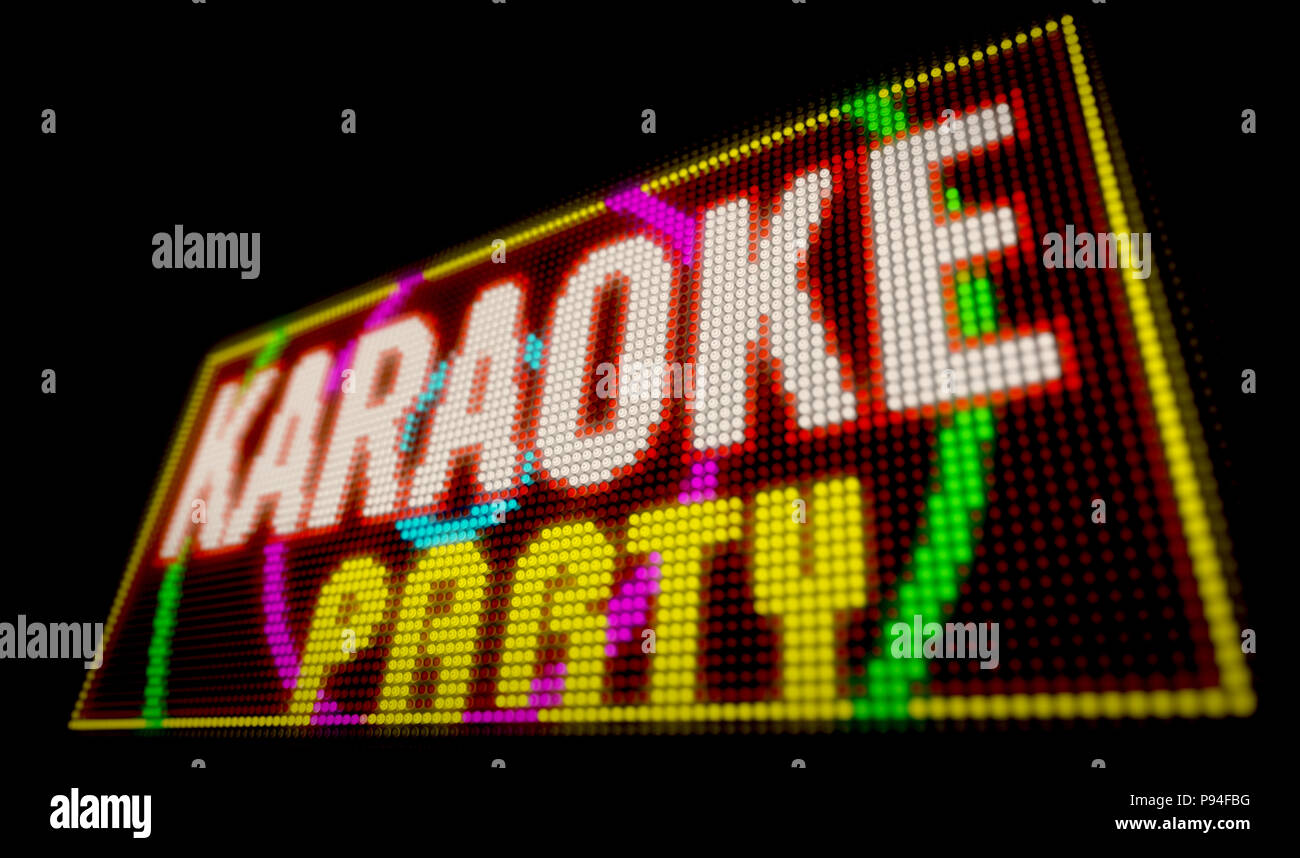 Karaoke Party zeichen Neon. Große beleuchtete Buchstaben gebaut von Glühlampen LED 3D Illustration. Stockfoto