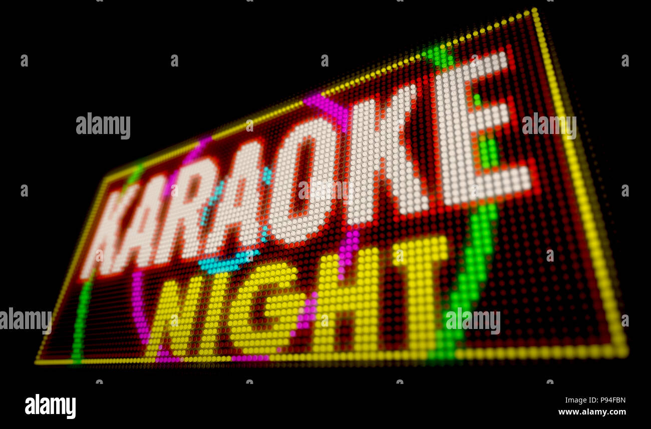 Karaoke Nacht zeichen Neon. Große beleuchtete Buchstaben gebaut von Glühlampen LED 3D Illustration. Stockfoto
