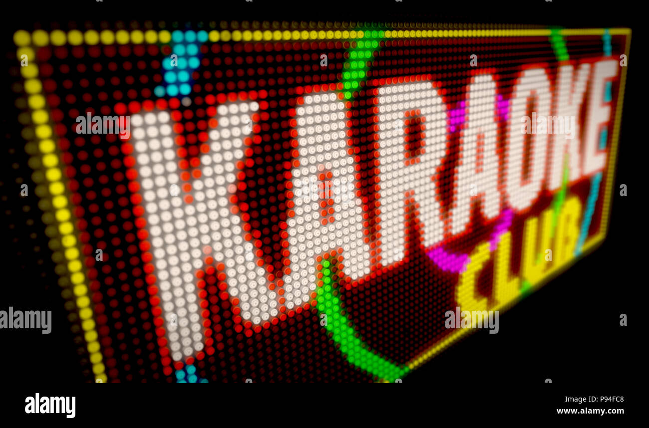 Karaoke club Neon. Große beleuchtete Buchstaben gebaut von Glühlampen LED 3D Illustration. Stockfoto