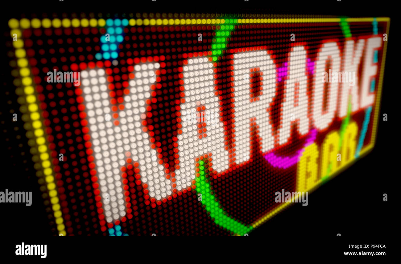 Karaoke Bar Zeichen Neon. Große beleuchtete Buchstaben gebaut von Glühlampen LED 3D Illustration. Stockfoto