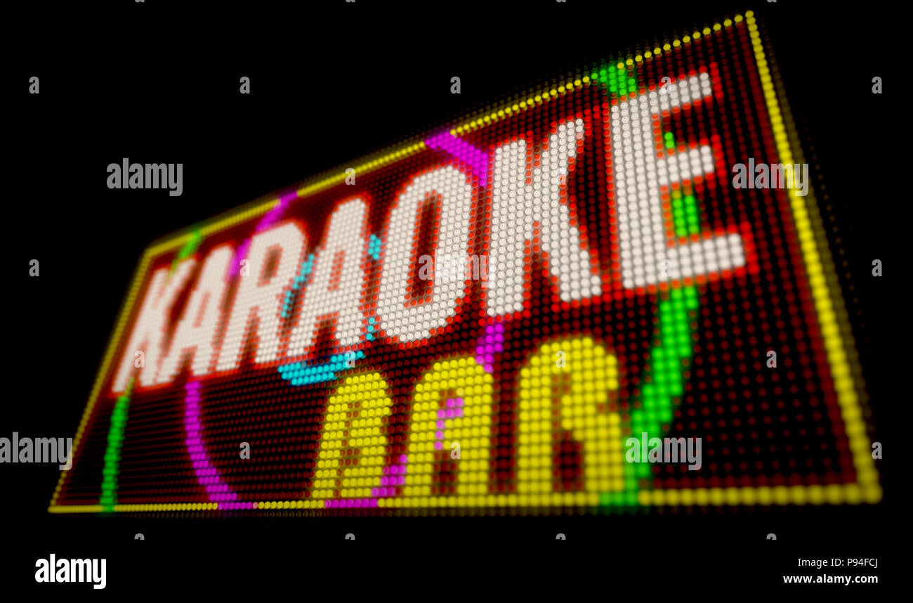 Karaoke Bar Zeichen Neon. Große beleuchtete Buchstaben gebaut von Glühlampen LED 3D Illustration. Stockfoto