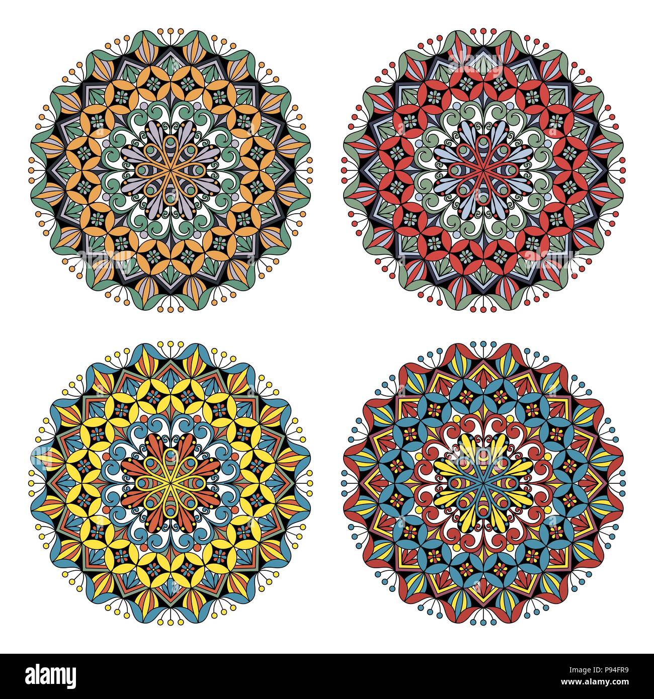 Satz mit vier Blumen Mandalas in verschiedenen Farben. Orientalische ethnischen kreisförmiges Ornament. Stock Vektor