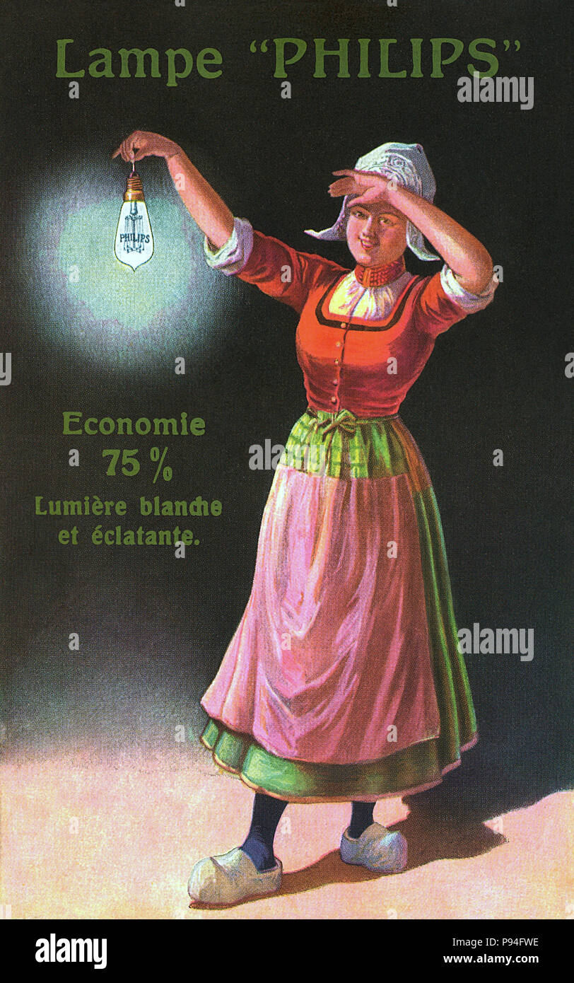 Vintage französische Werbe Postkarte für Philips Glühbirnen. Stockfoto