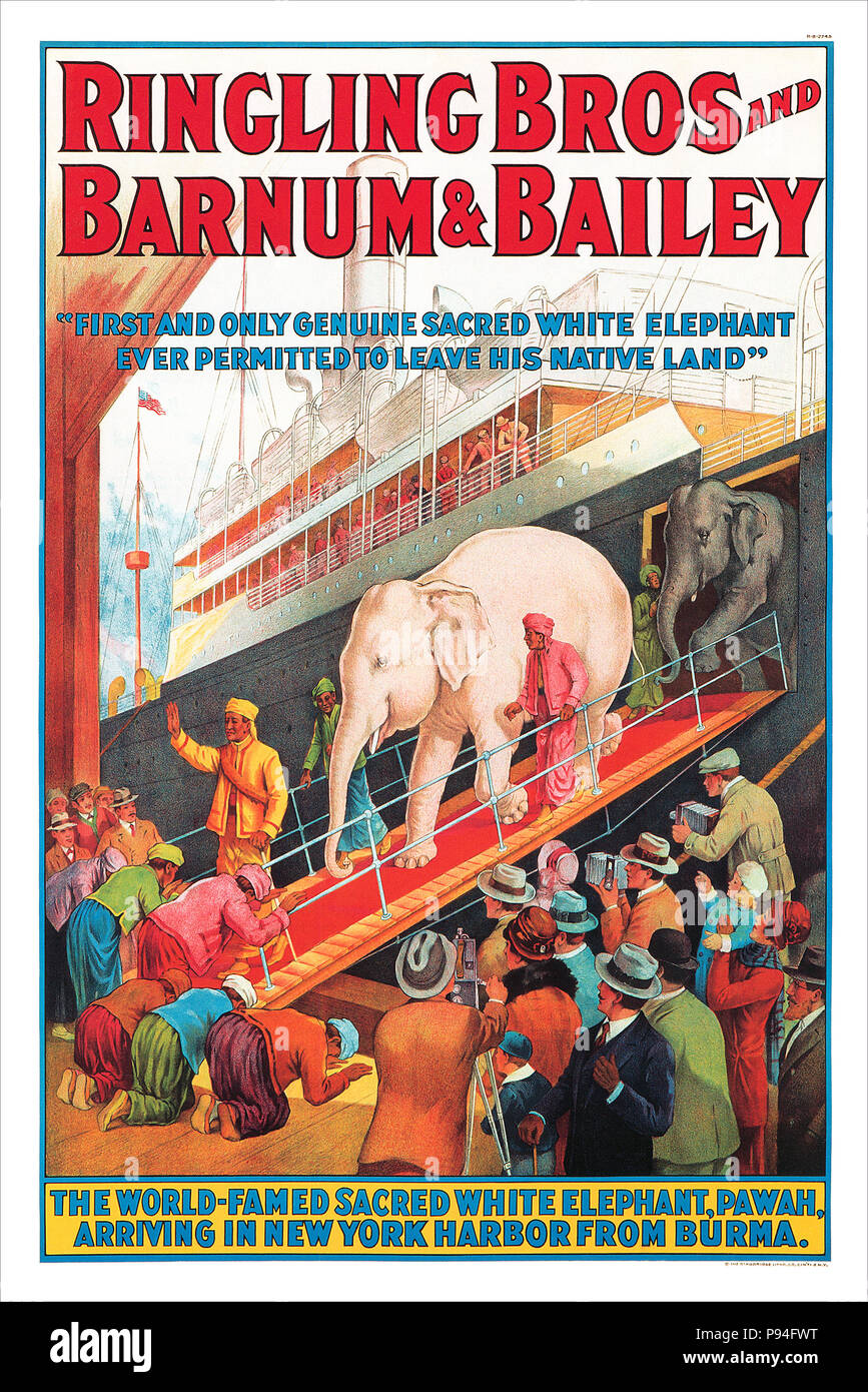 1927 US-Werbeplakat für Ringling Bros. und Barnum & Bailey Zirkus, mit der weiße Elefant, Pawah. Stockfoto