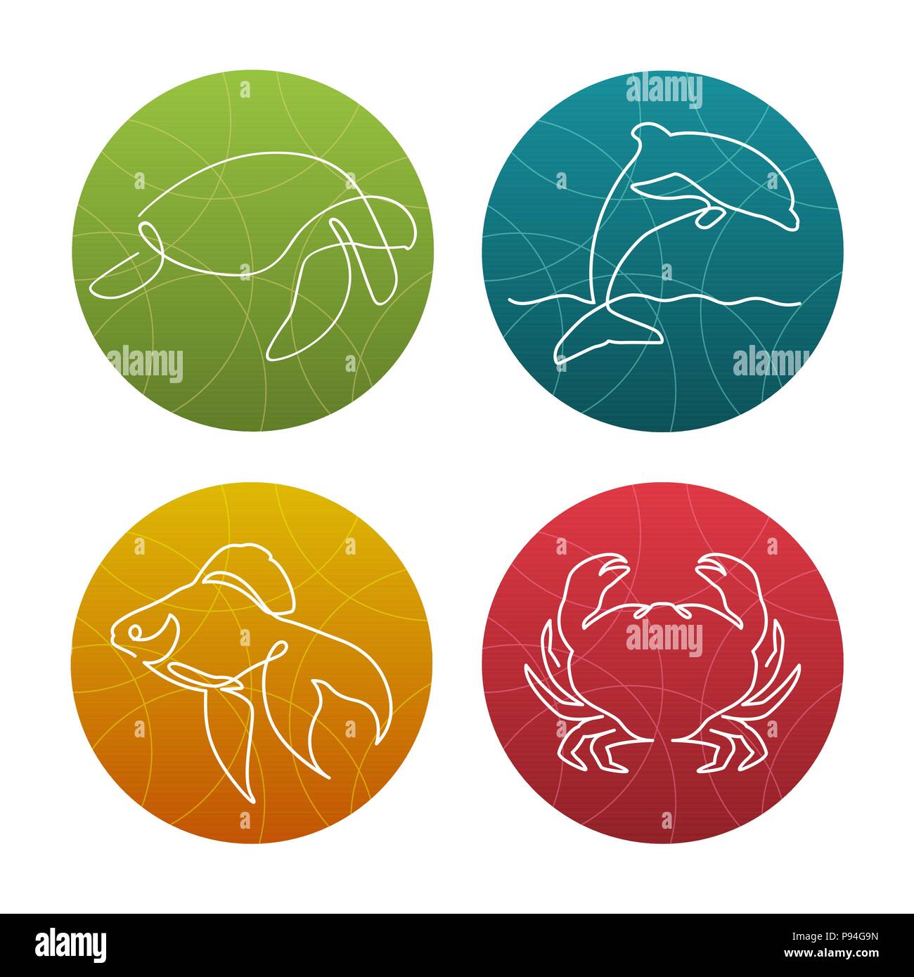 Satz 4 eine Zeile Meer Tiere Symbole oder Logos. Schildkröte, gold Fish, Delphin, Krabbe Stock Vektor