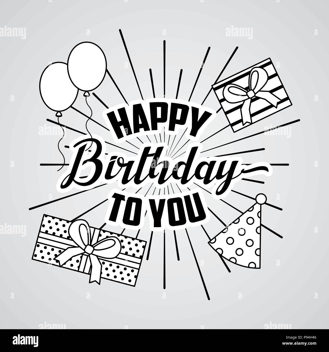 Happy Birthday Card Draw Geschenkboxen Hute Ballons Vector Illustration Stock Vektorgrafik Alamy