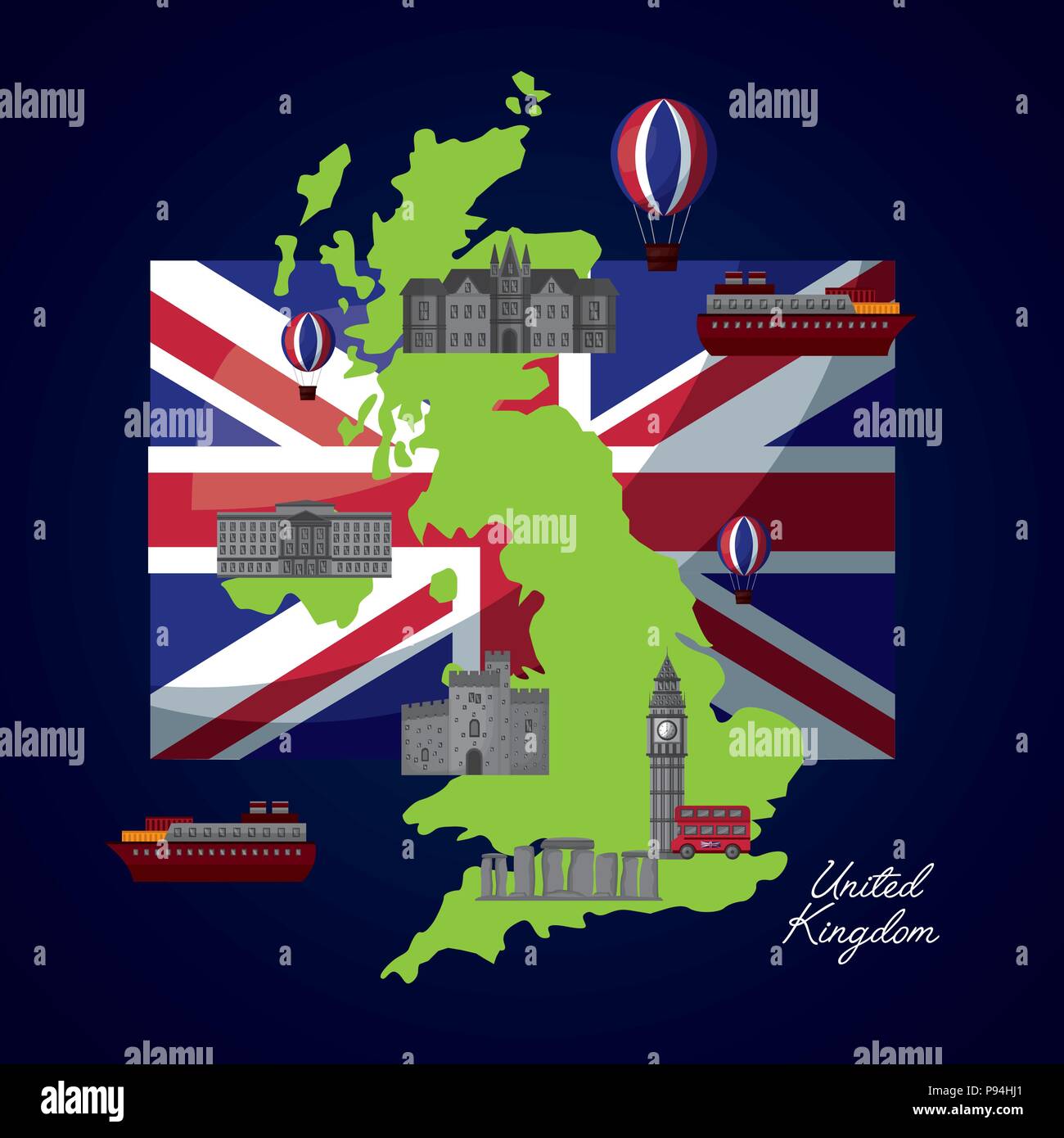 Vereinigtes Königreich Land Flagge grün grunge Karte Orte in London boote Vector Illustration Stock Vektor