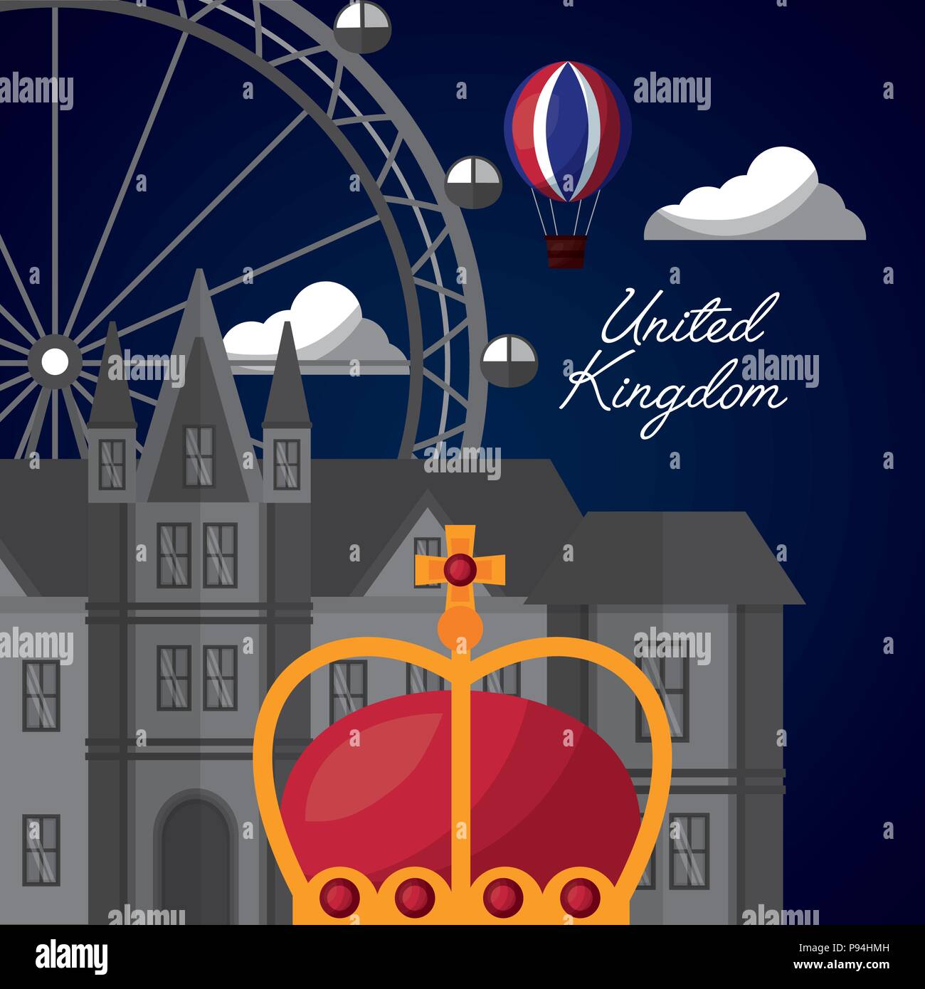 Vereinigtes Königreich Land Flagge Rad schloss Krone Königin wolken Hot Air Balloon Vector Illustration Stock Vektor