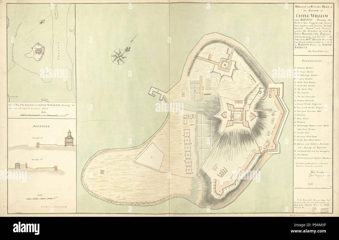 Einen besonderen und allgemeinen Plan der Insel Schloss William in der Nähe von Boston. Erzeige die Werke in ihrer ursprünglichen und aktuellen Stand, zusammen mit Kapiteln über die gleichen. Und Umfrage "unter Stockfoto