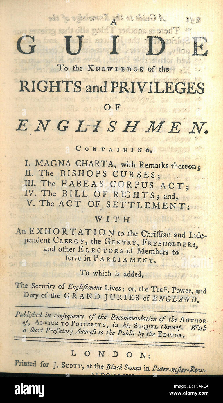 Ein Leitfaden für die Kenntnis der Rechte und Privilegien der Engländer (1. ed, 1757, Titelseite). Stockfoto