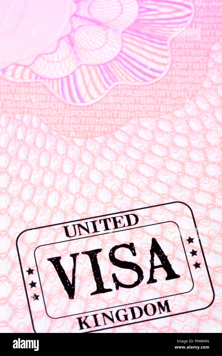 UK Visum Reisepass Einreisestempel Seite schließen, kopieren Sie Raum, vertikal Stockfoto