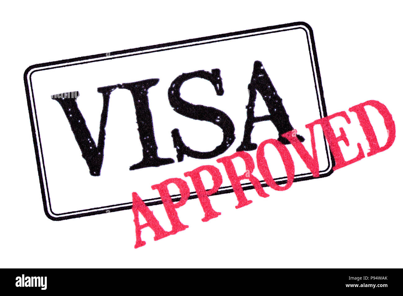 Genehmigte Visum Reisepass Stempelabdruck auf weißem Hintergrund Stockfoto