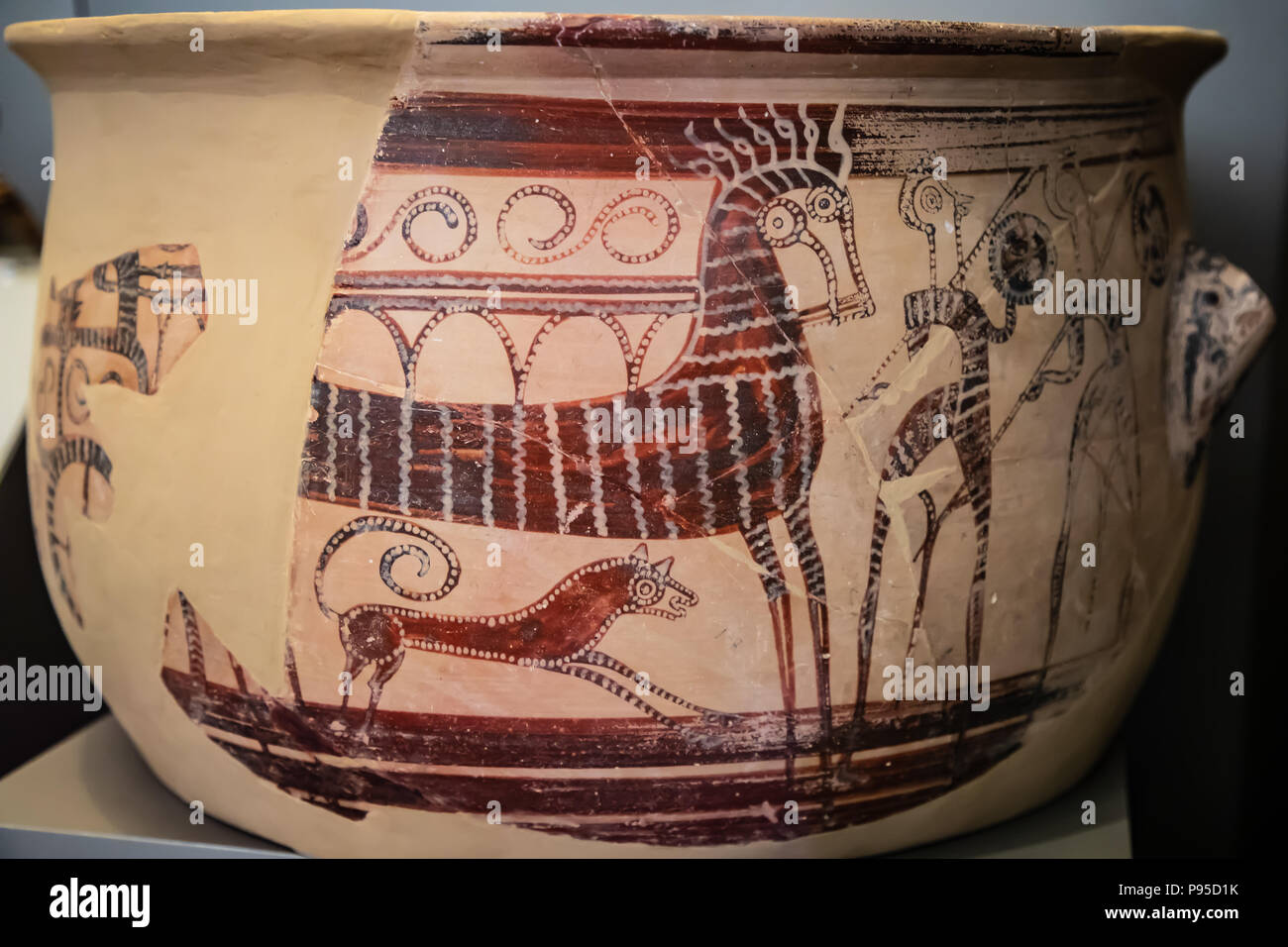 Fragmente der große Krater (griechische Schiff für Wein & Wasser verwendet), bildliche Keramik aus Tiryns Workshop, zwei - Pferd, Wagen, 13. - 12. Jahrhundert. Stockfoto