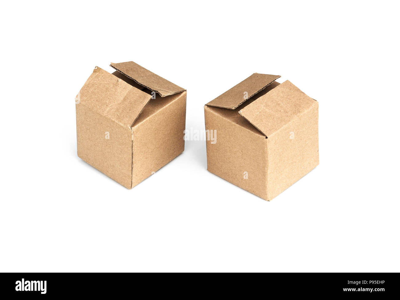 Zwei Quadratische Kartons Stehen Auf Einem Weissen Hintergrund Stockfotografie Alamy