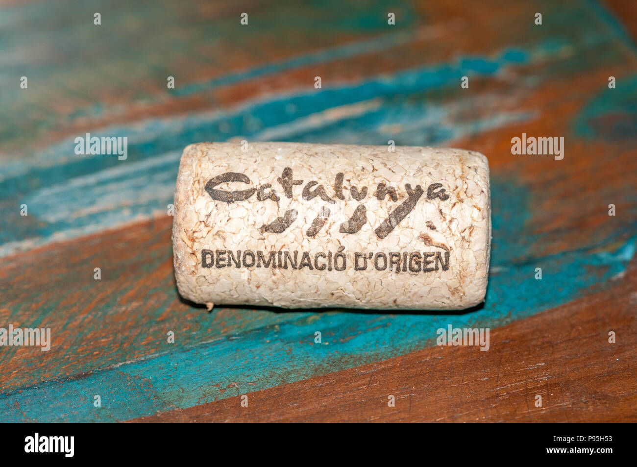 Cork Verschluss einer Weinflasche, Ursprungsbezeichnung Katalonien, Catalunya Stockfoto
