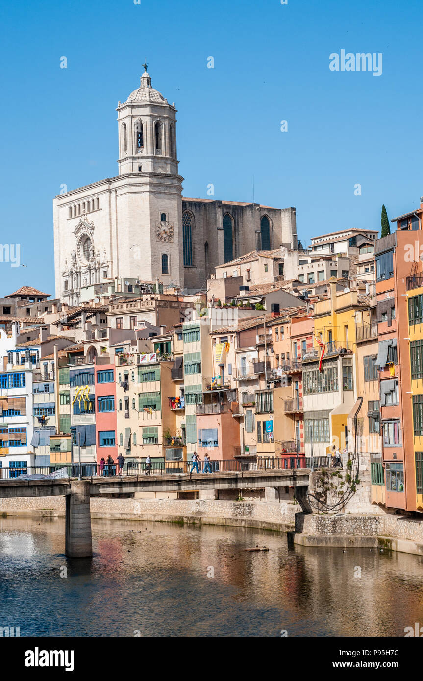 Die Häuser am Fluss Onyar mit Dom im Hintergrund, Girona, Katalonien, Spanien Stockfoto
