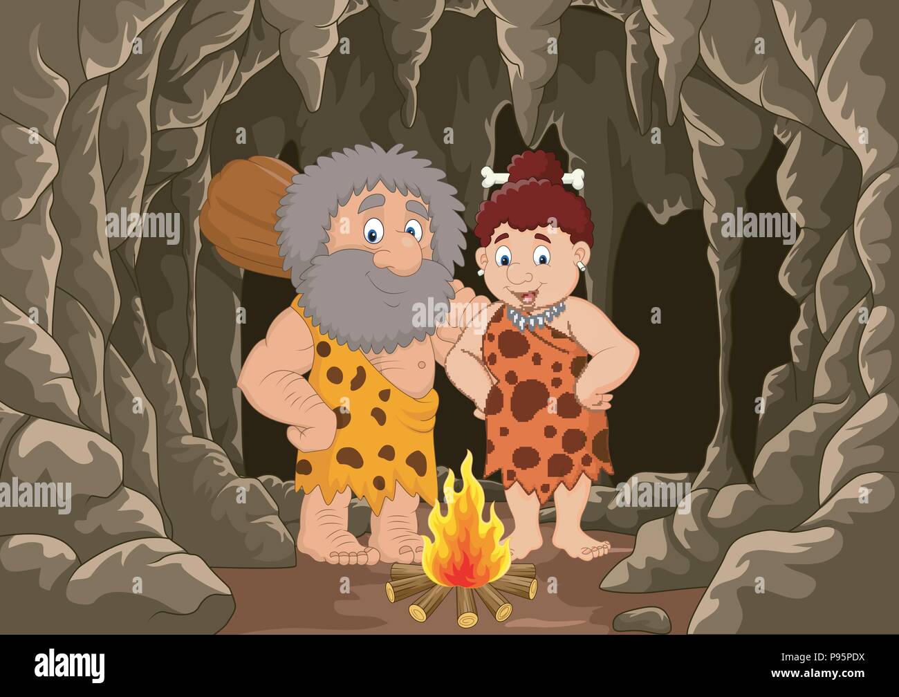 Cartoon prähistorischen caveman Paar mit Höhle Hintergrund Stock Vektor