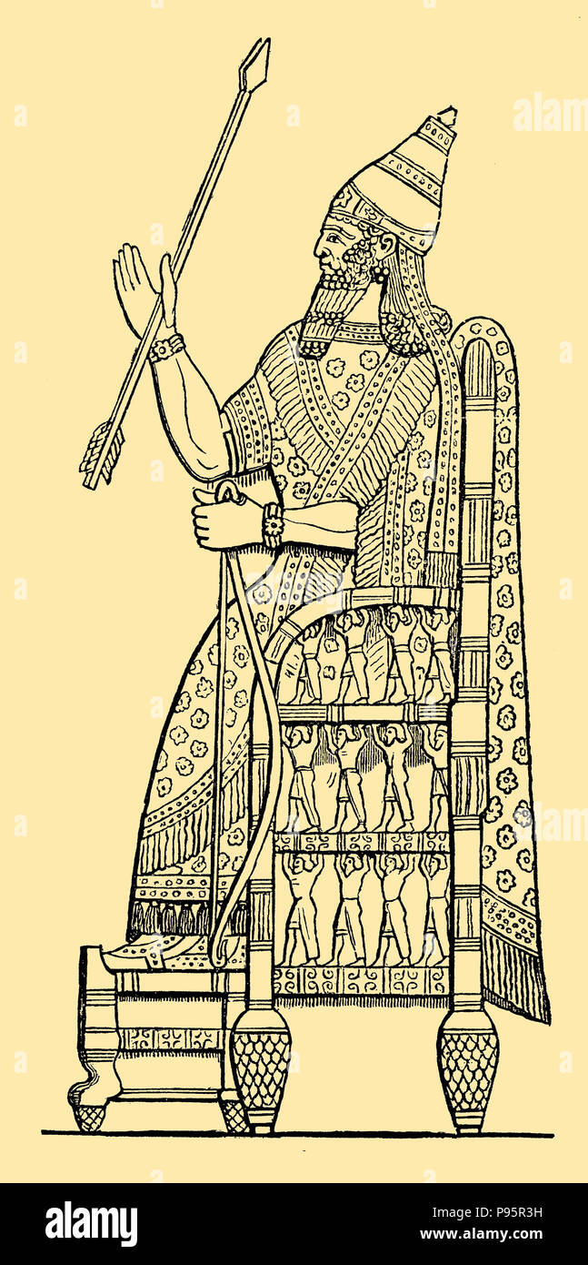 Sanherib, der auf dem Thron. Darstellung der Reliefs von seinem Palast zu Ninive, 1899 Stockfoto