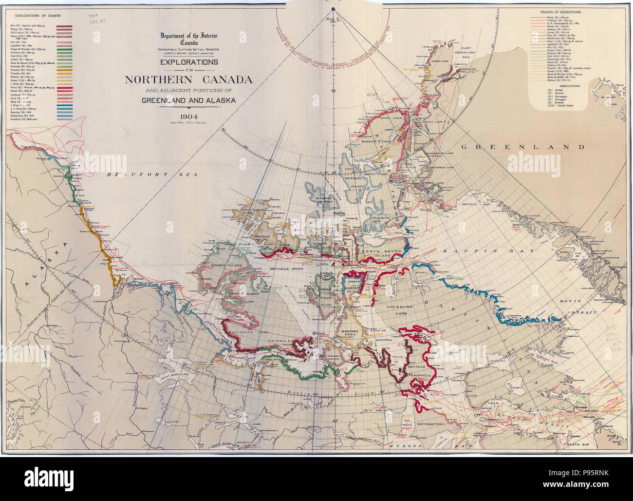 Karte mit Erkundungen im Norden Kanadas und der angrenzenden Teile von Grönland und Alaska 1904 Stockfoto
