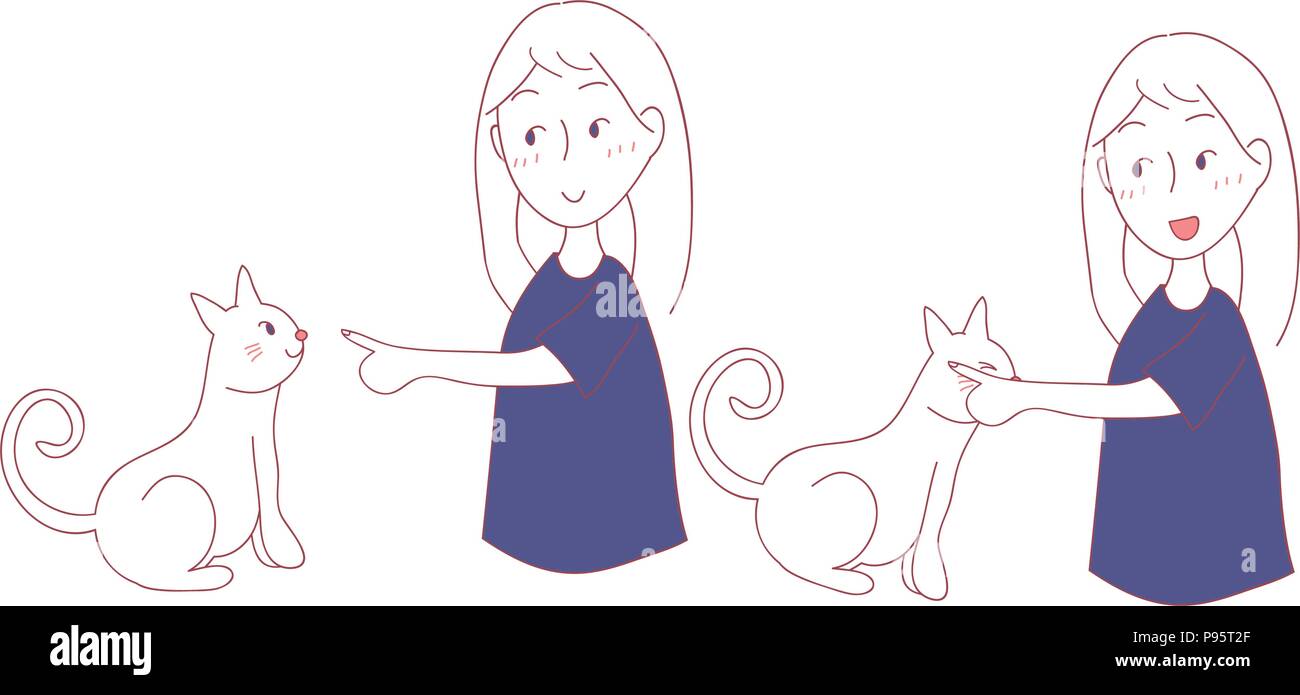 Katze reiben Mädchen Hand mit Wange. Ich vertraue darauf, dass Sie im Cat-Sprache. Vector Illustration. auf weißem Hintergrund. Stock Vektor