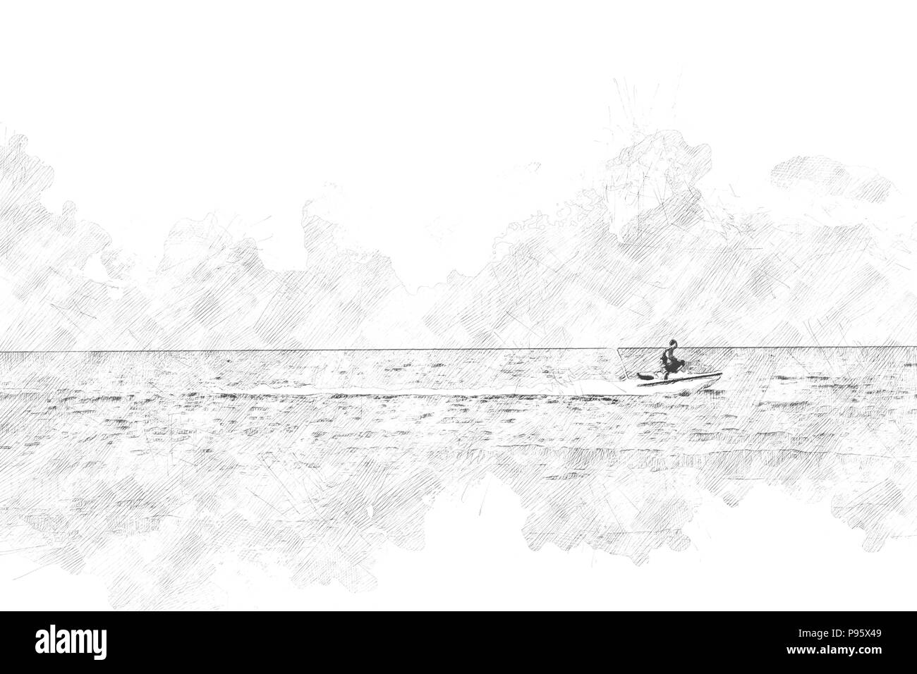 Abstrakte schöne weiche Welle Meer und Himmel auf Aquarell Hintergrund, digitale Illustration Bürste Art. Stockfoto