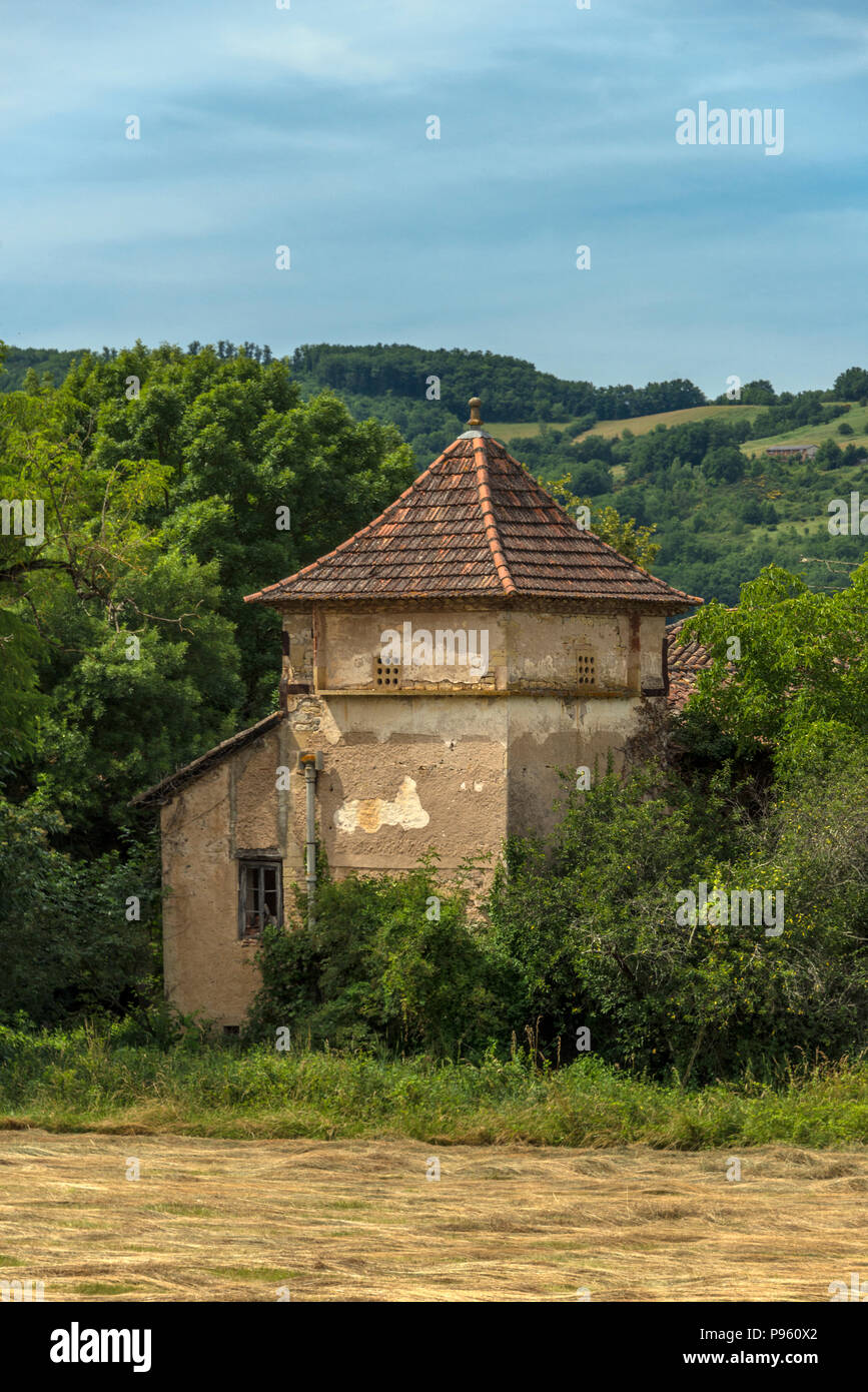 Ruiniert und bewachsene Französische pigeonnier oder taubenschläge in den ländlichen Occitanie Dorf Montrosier. Stockfoto