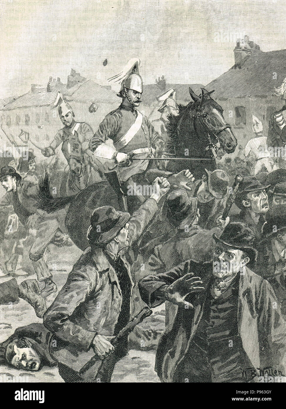 August 1872 Belfast Krawalle. Die 4 Dragoon Guards und der 78Th Highlanders, zwischen katholischen und protestantischen Gemeinschaften während der sektiererischen Gewalt Stockfoto