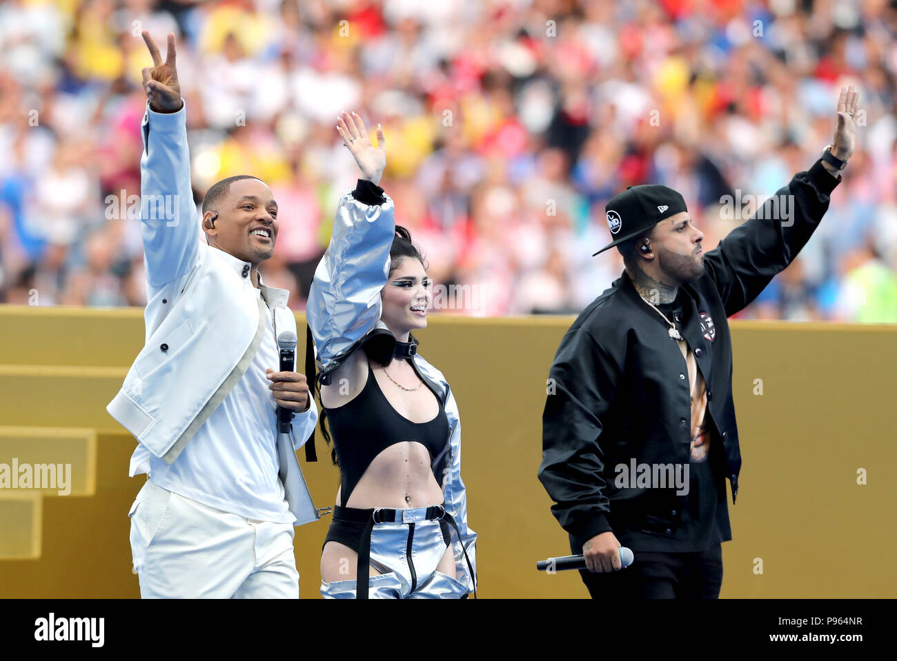 Will Smith (links) Ära Istrefi und Nicky Jam bei der Siegerehrung Während der FIFA WM-Finale bei der luzhniki Stadion, Moskau. Stockfoto