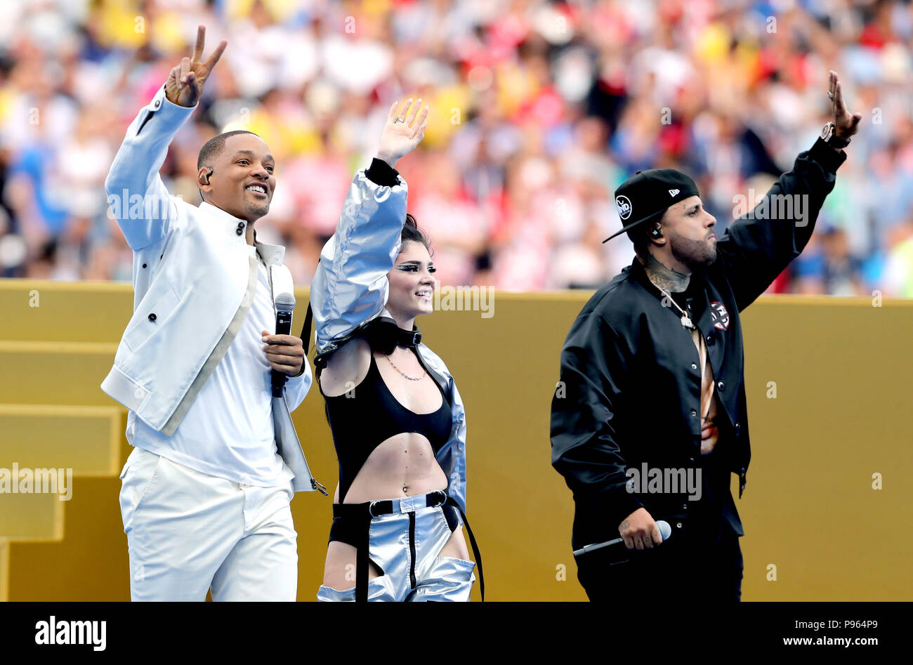 Will Smith (links) Ära Istrefi und Nicky Jam bei der Siegerehrung Während der FIFA WM-Finale bei der luzhniki Stadion, Moskau. Stockfoto